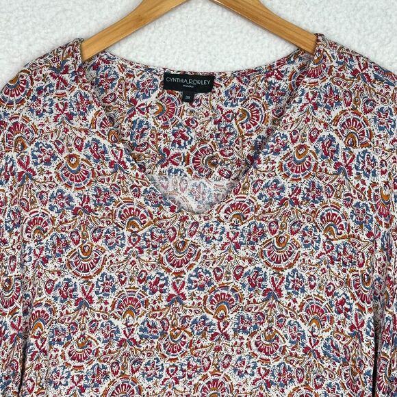 Cynthia‎ Rowley Boho Blouse 3X Viscose Paisley Floral Bell Sleeve Ruffle Hem - Picture 2 of 14